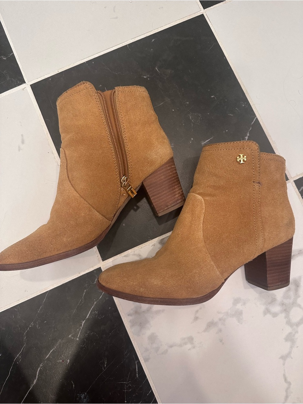 Tory Burch Chestnut Suede Ankle Booties with Block Heel